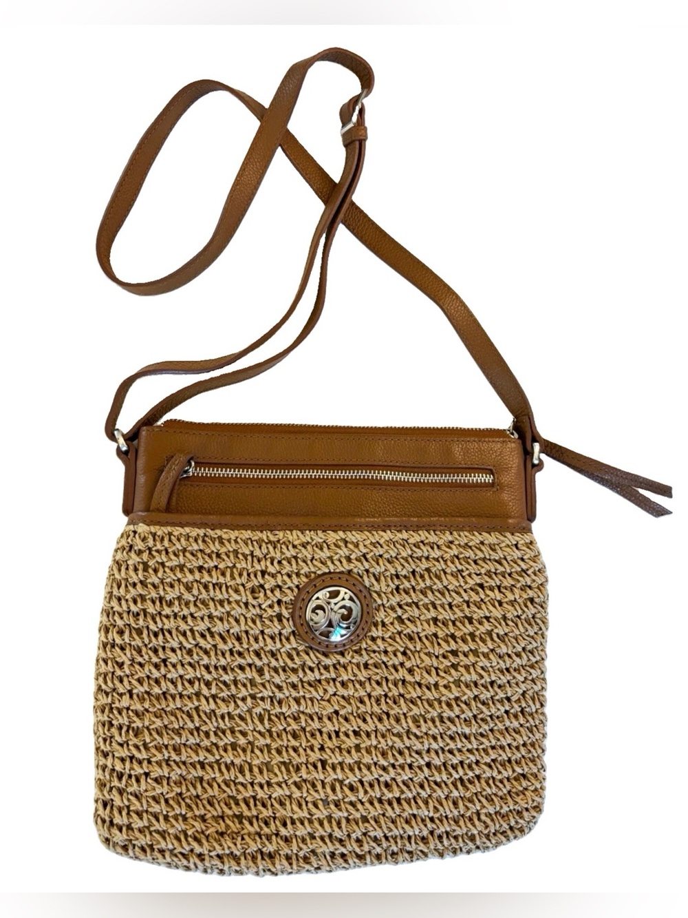 Brighton Woven Straw Crossbody with Brown Trim